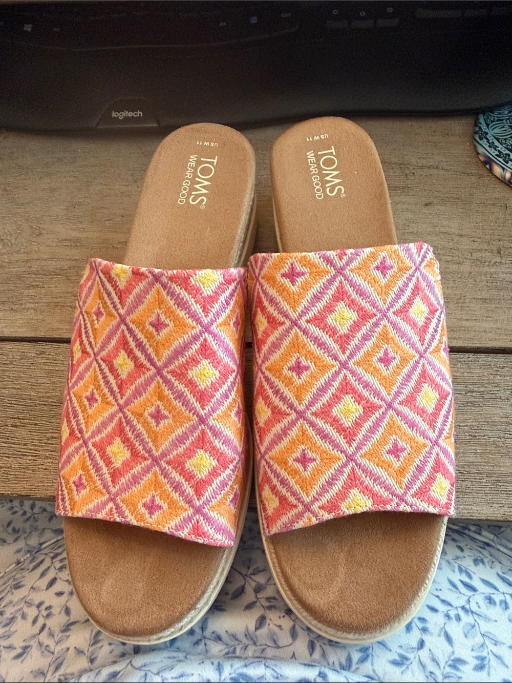TOMS Pink & Orange Geometric Slide Mules